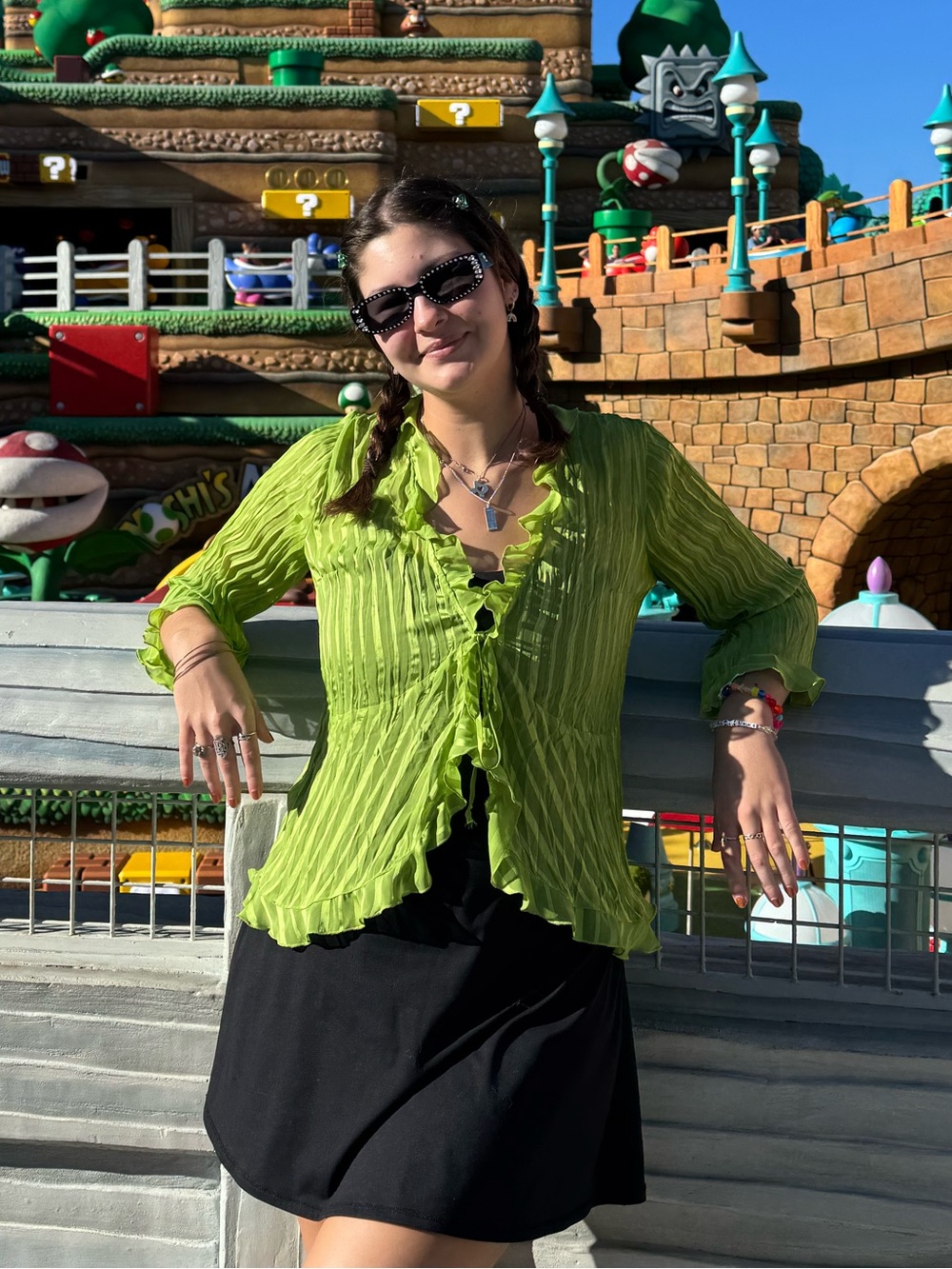 y2k green ruffle tie front top
